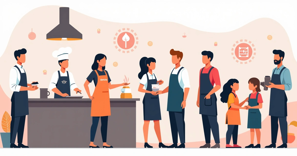 Ilustração corporativa de aventais personalizados em diferentes ambientes profissionais e eventos