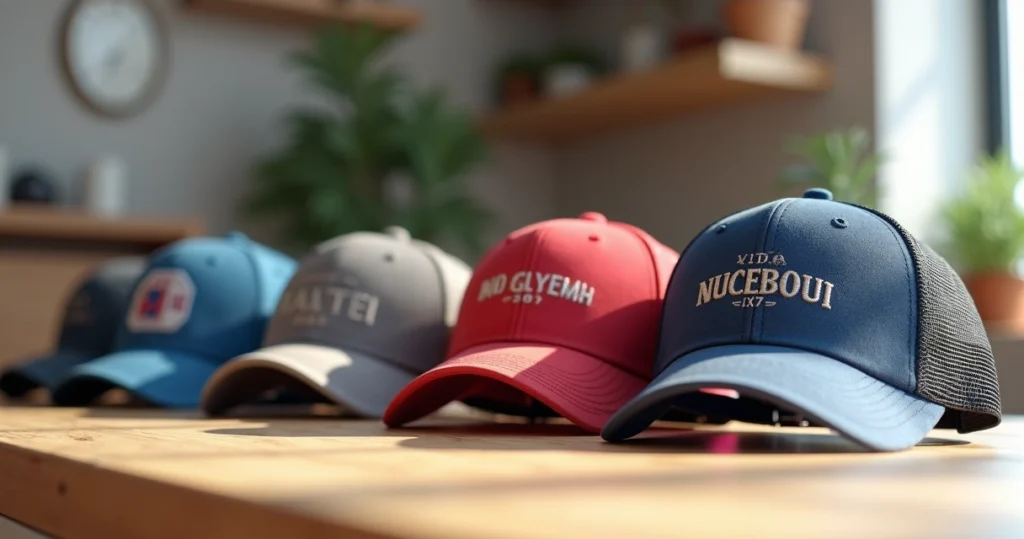 Bonés personalizados diversos em diferentes cores e estilos alinhados sobre uma mesa de madeira clara