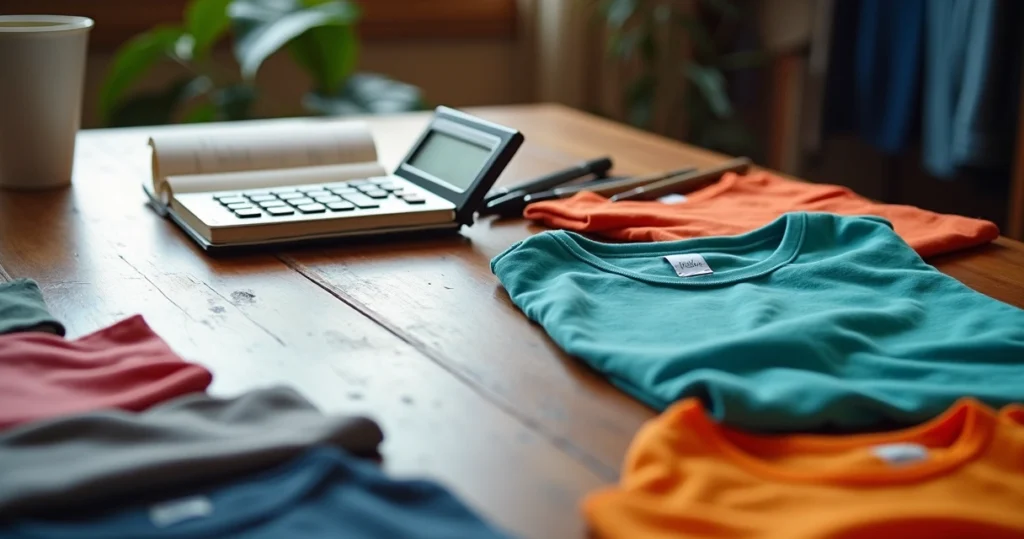 Mesa com calculadora, cadernos, canetas e amostras de camisetas personalizadas coloridas distribuídas ao redor