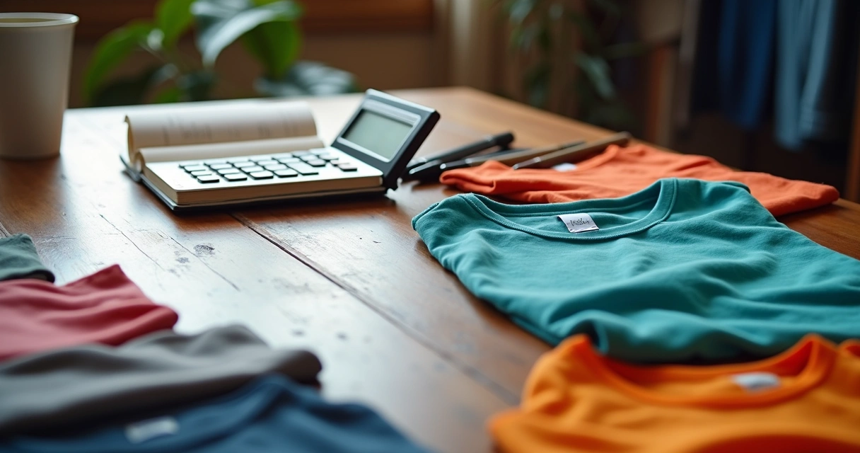Mesa com calculadora, cadernos, canetas e amostras de camisetas personalizadas coloridas distribuídas ao redor
