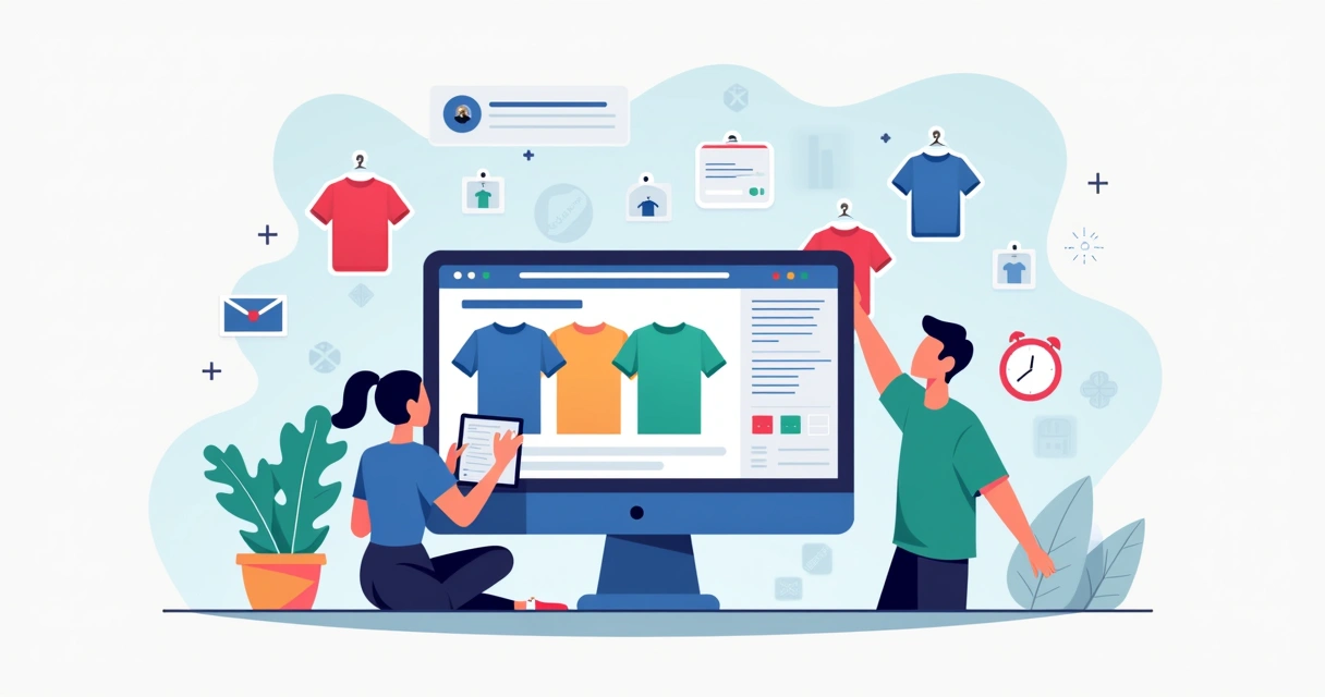 Ilustração corporativa mostrando o processo de personalização de camisetas online com computador, designer e camisetas coloridas