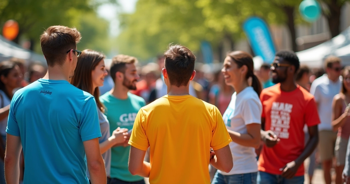 Grupo de pessoas vestindo camisetas personalizadas coloridas em evento ao ar livre com sorriso e interação