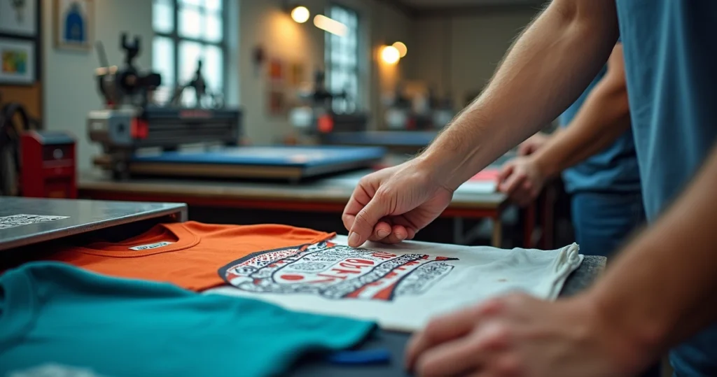 Mãos segurando camisetas personalizadas prontas para entrega urgente em ambiente profissional de estamparia