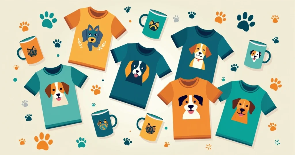 Ilustração corporativa plana de camisetas pet personalizadas e canecas personalizadas em cores vibrantes, exibindo artes diversas para empresas e eventos