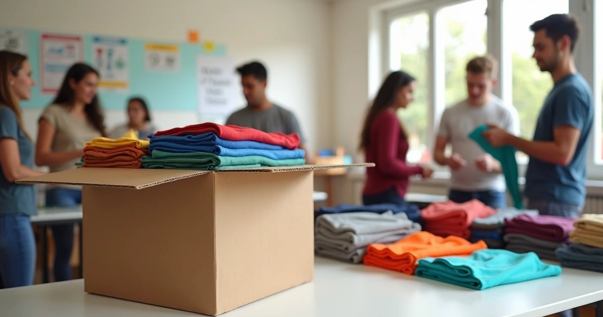 Caixa com camisetas coloridas para doação em ambiente de campanha solidária com pessoas ao fundo organizando itens