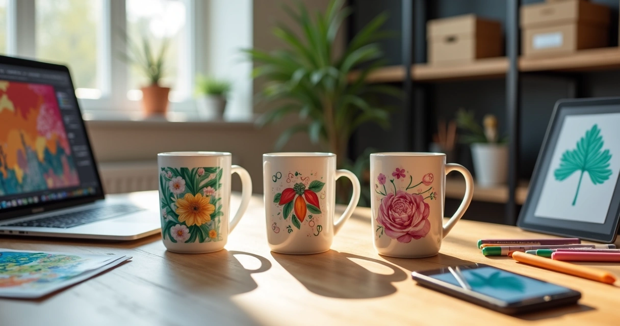 Canecas personalizadas em uma mesa de trabalho com diversas ferramentas de design ao redor
