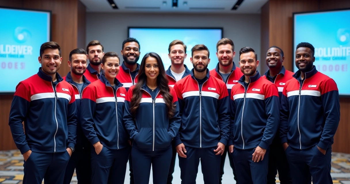 Group of diverse professionals wearing matching custom uniforms at a corporate event indoors