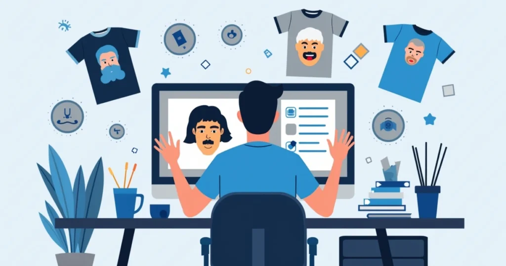 Ilustração plana corporativa de uma pessoa criando uma camiseta personalizada com rosto usando computador, com imagens de camisetas estilizadas ao redor e ícones de design gráfico ao fundo em tons azuis e cinza
