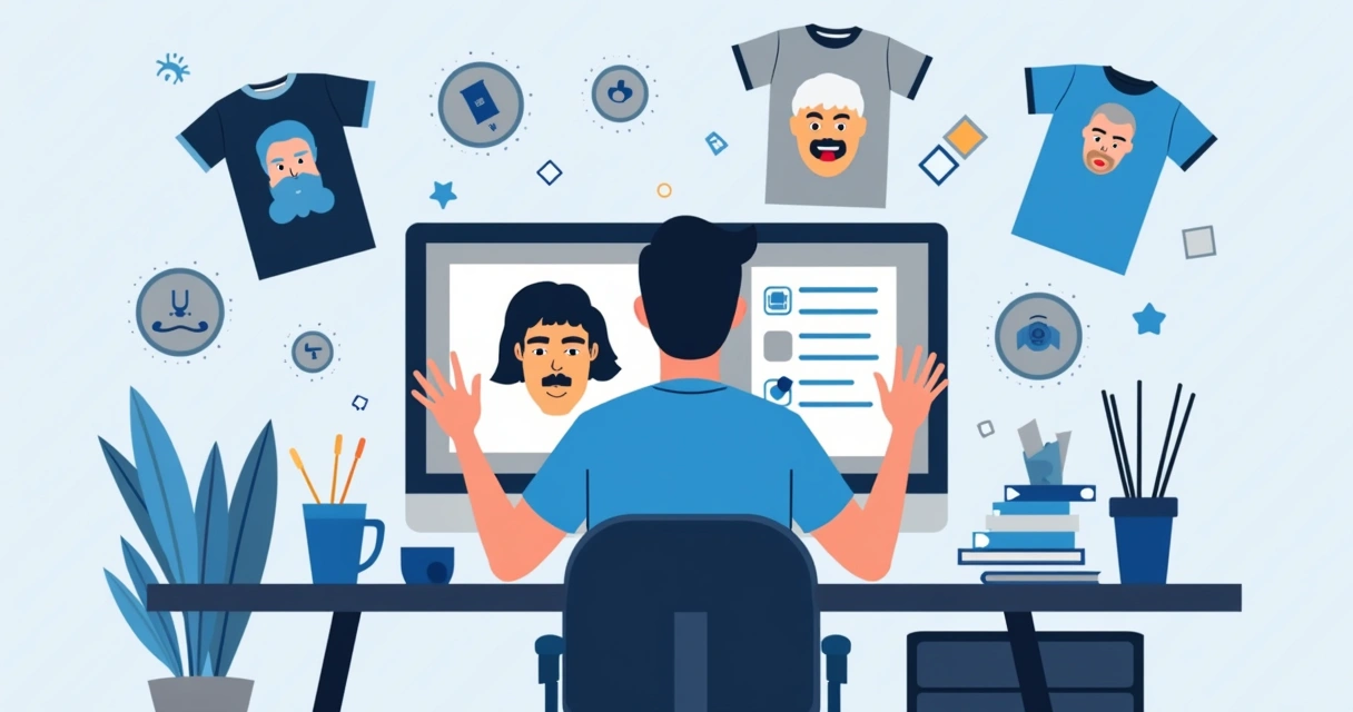 Ilustração plana corporativa de uma pessoa criando uma camiseta personalizada com rosto usando computador, com imagens de camisetas estilizadas ao redor e ícones de design gráfico ao fundo em tons azuis e cinza