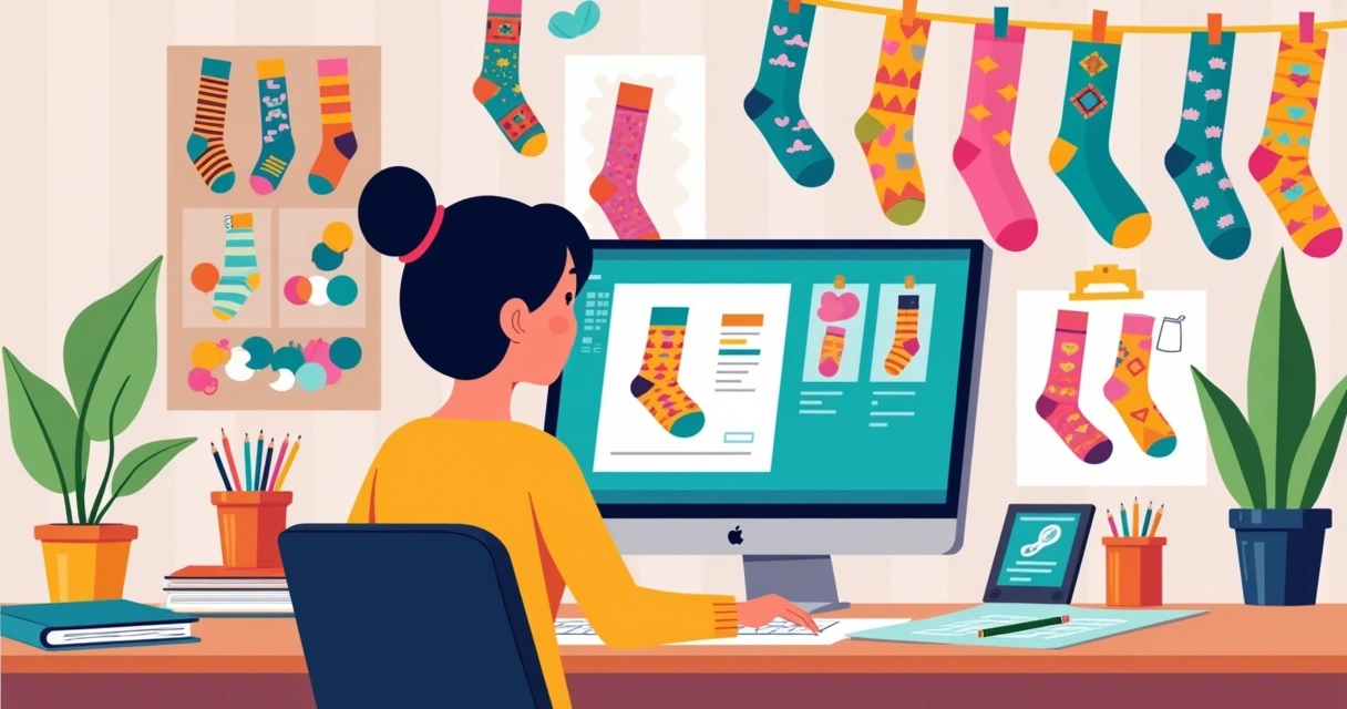 Ilustração estilizada mostrando processo de criação de meia divertida com designer trabalhando em computador, padrões coloridos e meias penduradas ao fundo
