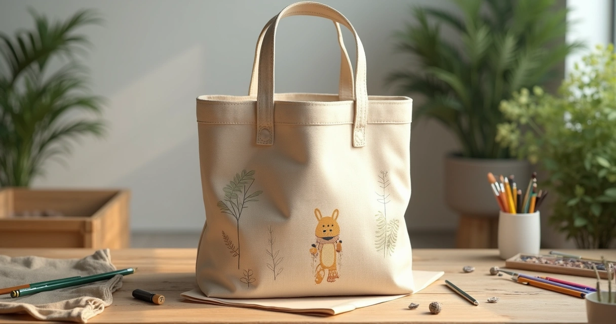 Ecobag de algodão cru personalizada com alças largas, exibida em mesa de madeira com luz natural