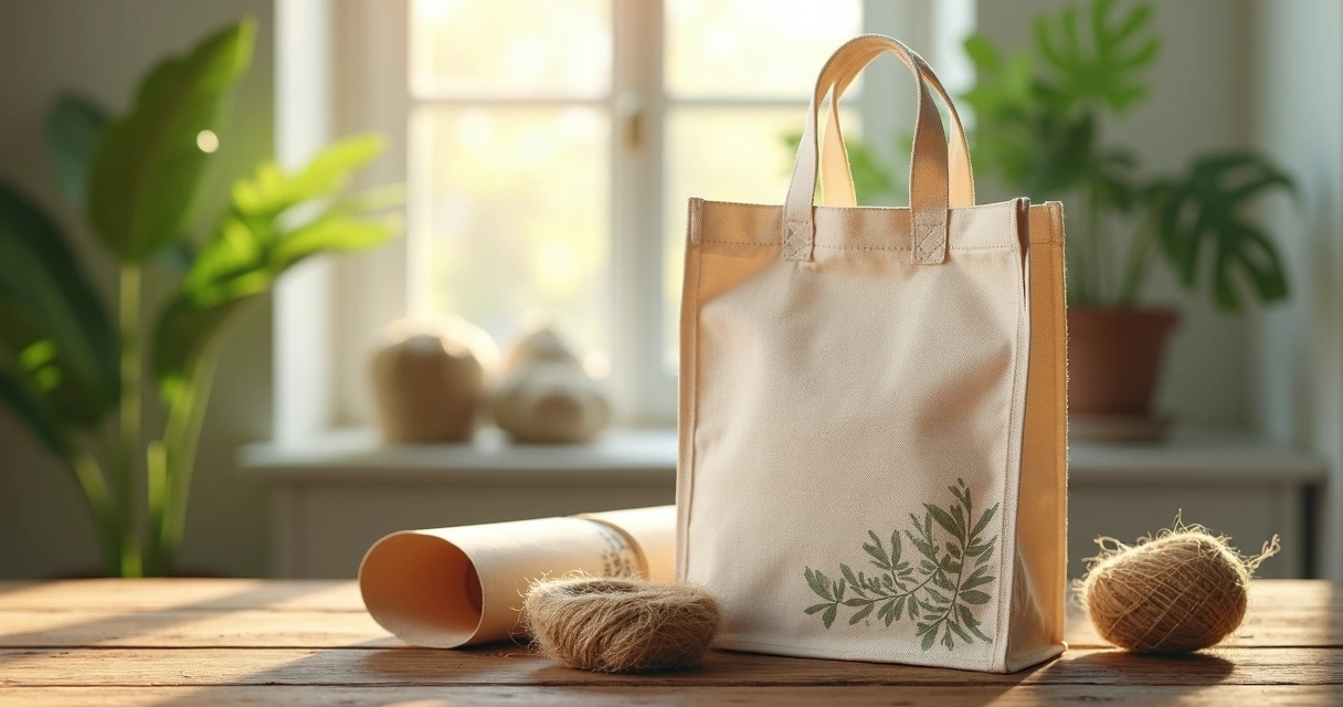 Ecobag personalizada em algodão cru repousando sobre mesa de madeira com luz natural