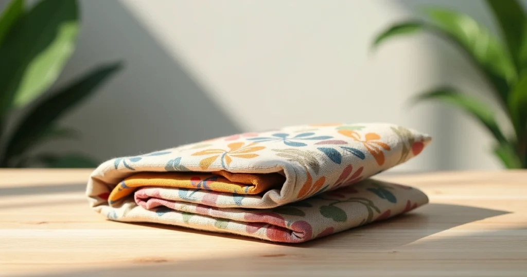 Ecobag carteira personalizada em algodão cru com impressão colorida por técnica DTF sobre mesa de madeira clara