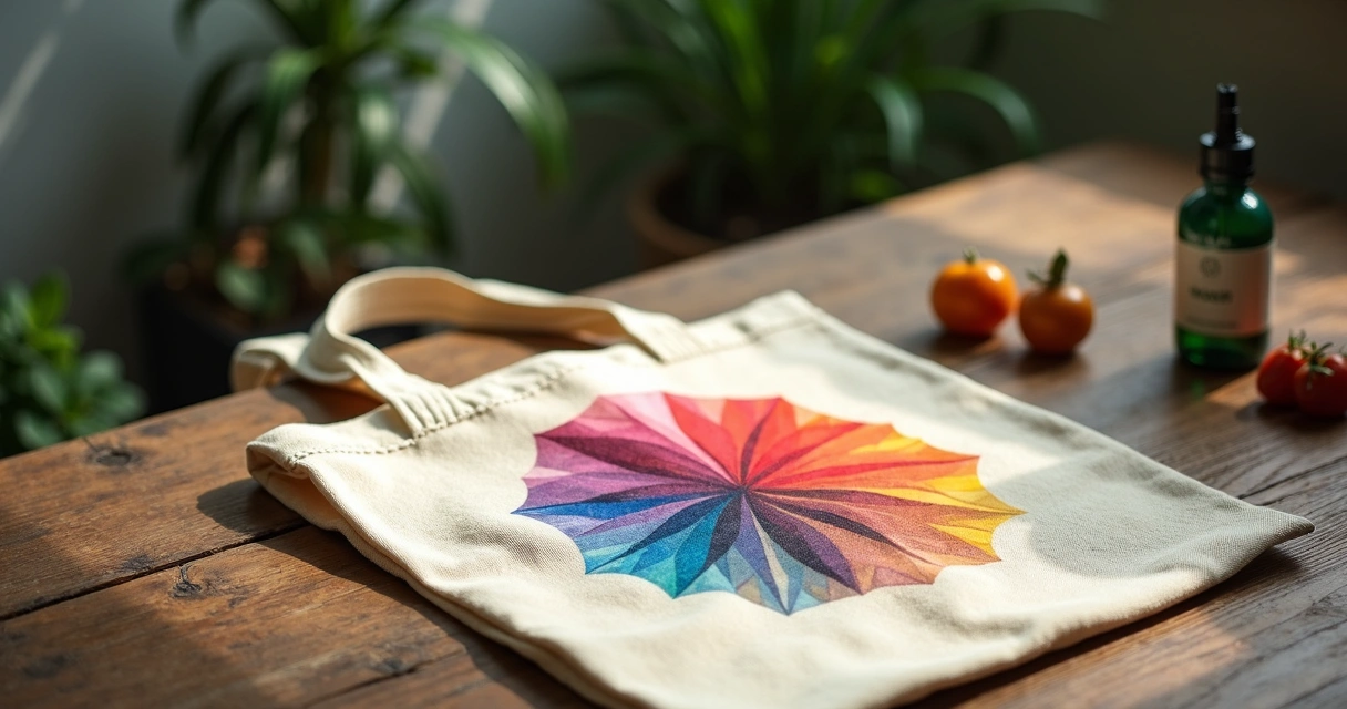Ecobag personalizada de algodão cru sobre mesa de madeira com impressão colorida e design sustentável