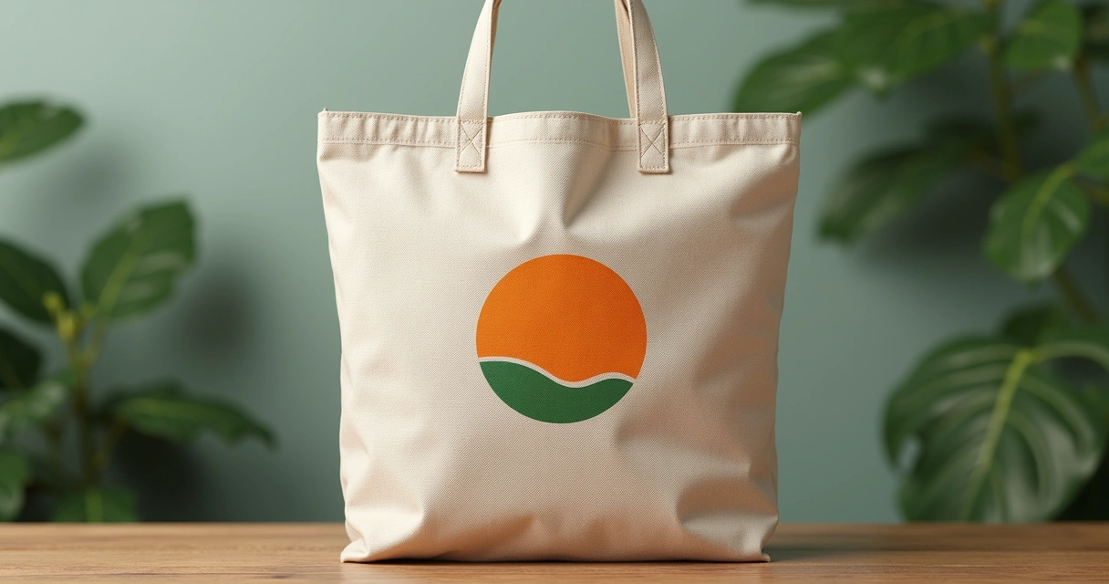Eco bag personalizada em algodão cru com estampa colorida ao centro sobre mesa de madeira clara