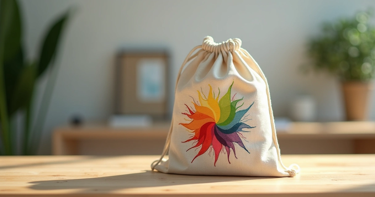 Ecobag de algodão cru personalizada com estampa colorida por impressão DTF sobre mesa de madeira clara com luz natural