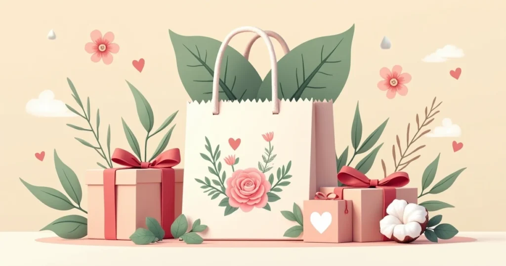 Ecobag personalizada com design floral em fundo claro, cercada por elementos de presente para o Dia das Mães