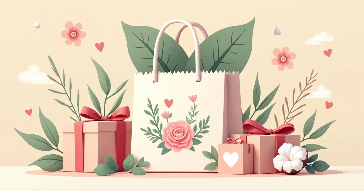 Ecobag personalizada com design floral em fundo claro, cercada por elementos de presente para o Dia das Mães