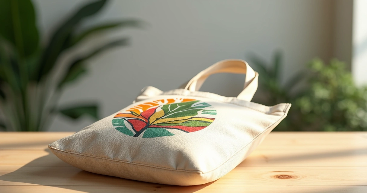 Ecobag personalizada em algodão cru com estampa colorida vibrante sobre mesa de madeira clara