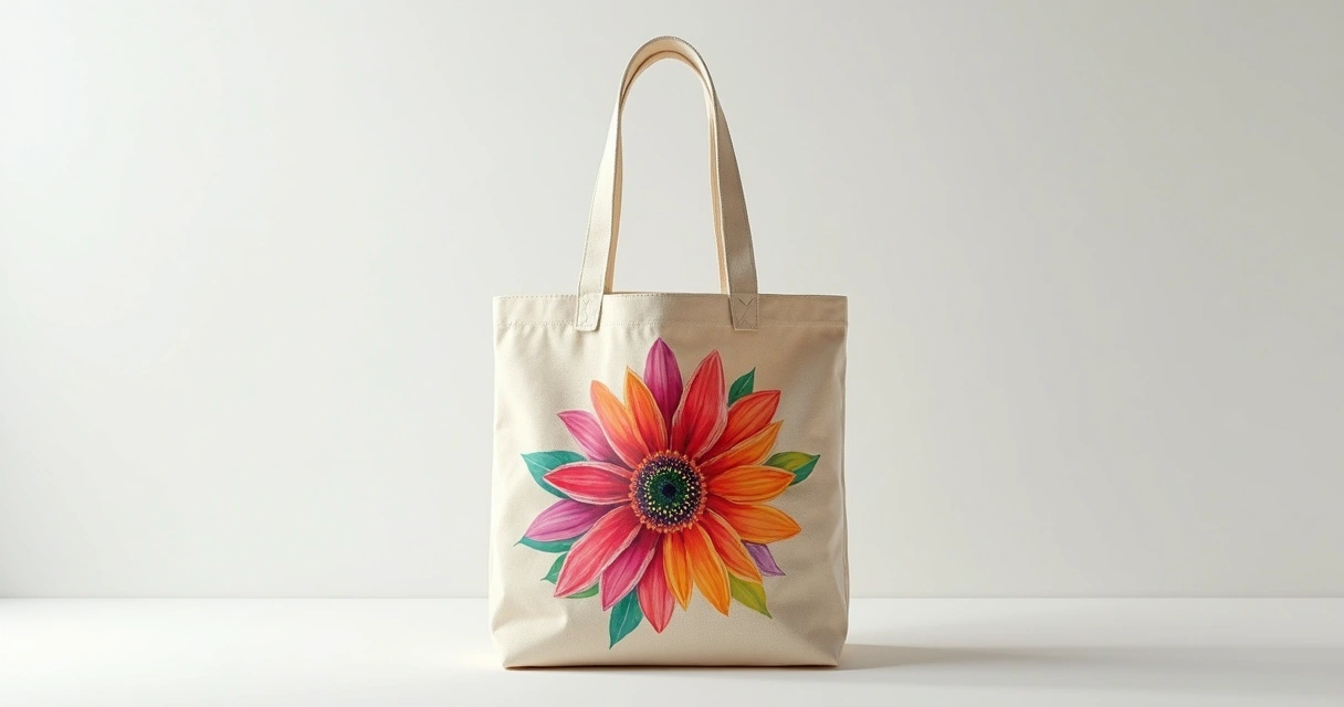 Ecobag de tecido cru personalizada com estampa colorida em técnica DTF sobre fundo branco minimalista