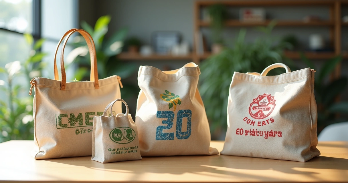 Várias ecobags personalizadas feitas com tecido reciclado dispostas em uma mesa de madeira clara, com design colorido e logos de empresas locais de Curitiba, luz natural suave iluminando a cena