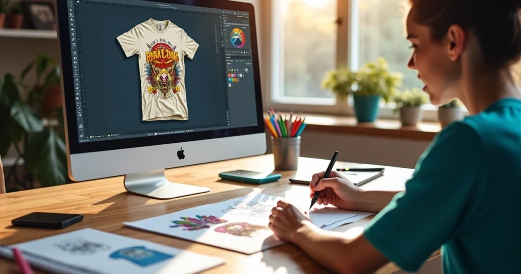 Pessoa enviando arte digital para camisetas personalizadas pelo computador em mesa organizada com esboços e amostras