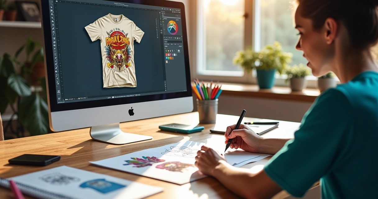 Pessoa enviando arte digital para camisetas personalizadas pelo computador em mesa organizada com esboços e amostras