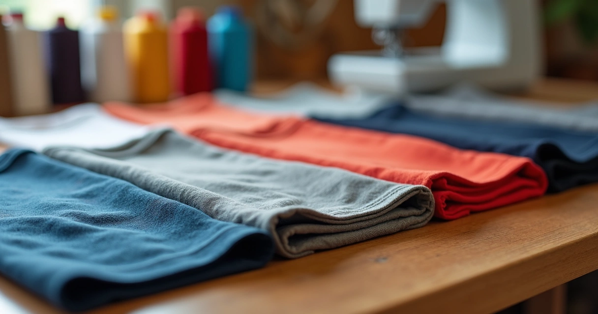 Close-up of different fabric swatches laid out for choosing t-shirt material