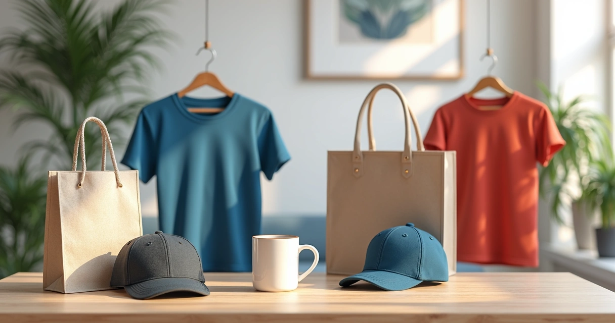 Kit de boas-vindas corporativo com camisetas, canecas, ecobags e bonés organizados sobre mesa de madeira clara, ambiente moderno e iluminado