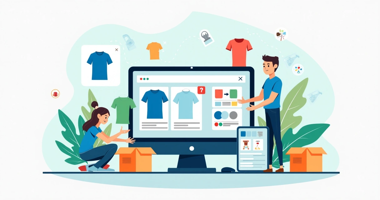 Ilustração flat corporativa com uma sequência de cinco passos para criar camisetas personalizadas online, mostrando computador, camisetas, designs, personalização e entrega