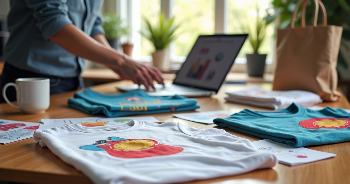 Workspace with personalized corporate gifts including custom t-shirts, mugs and eco bags being arranged