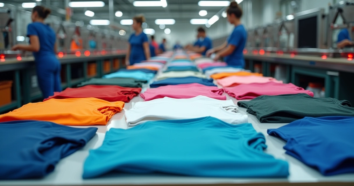 Linha de produção com camisetas personalizadas em diferentes cores e estampas alinhadas numa mesa de serigrafia
