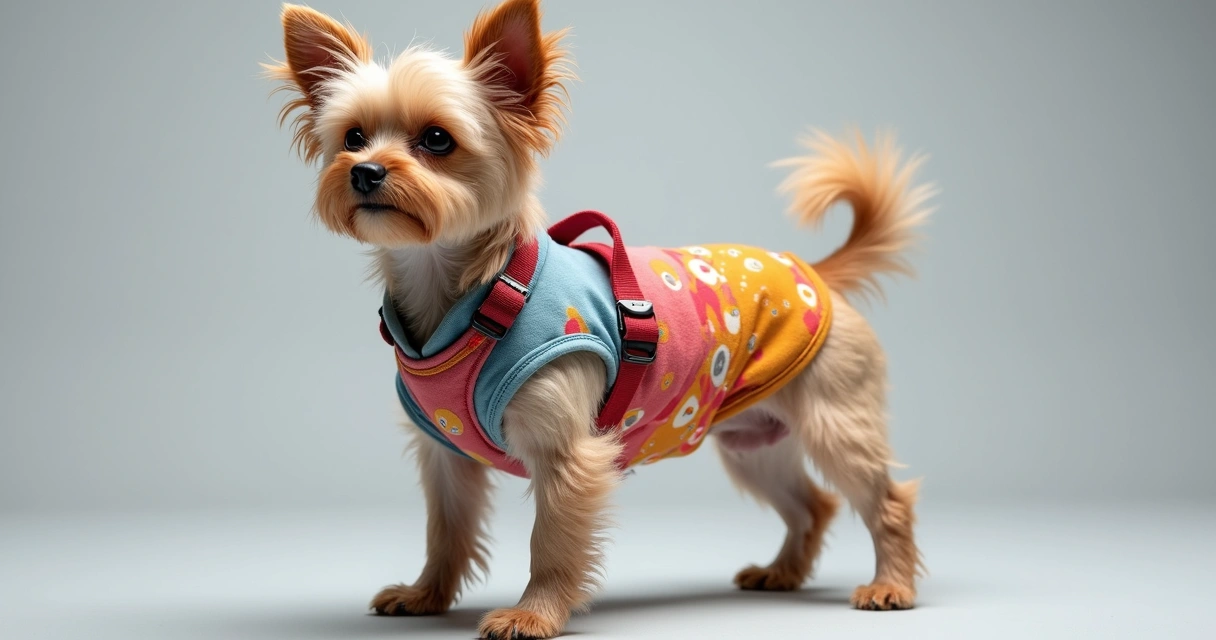 Cachorro pequeno vestindo roupa pet personalizada colorida em fundo neutro