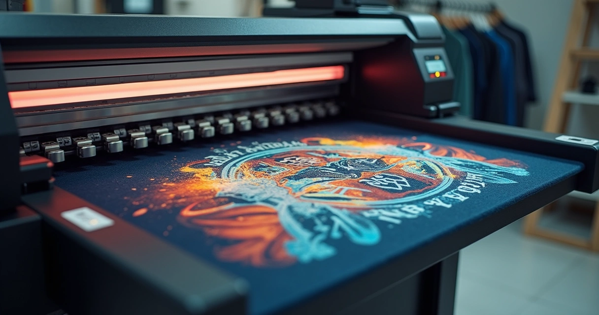 Máquinas de sublimação e silk screen lado a lado produzindo camisetas personalizadas coloridas em ambiente profissional de estamparia