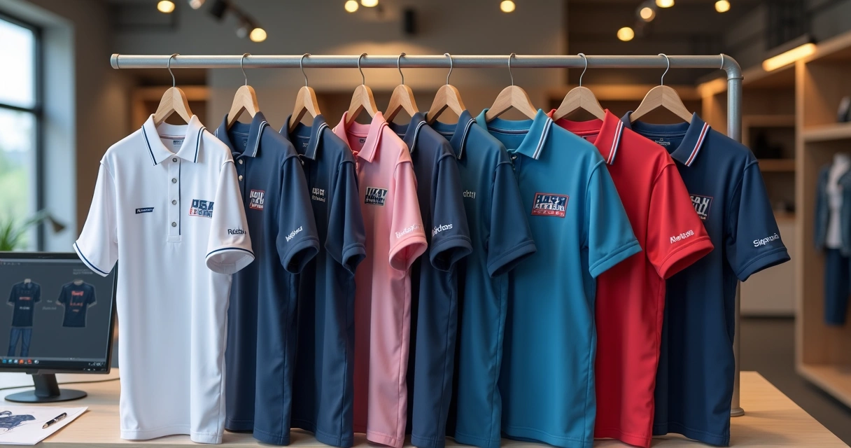 Uniformes personalizados de diferentes cores e modelos alinhados em exibição