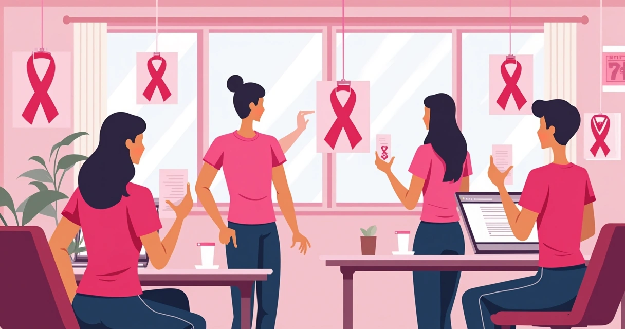 Ilustração corporativa plana com funcionários usando camisetas personalizadas rosas, ambiente de escritório decorado com laço rosa e ícones de engajamento social