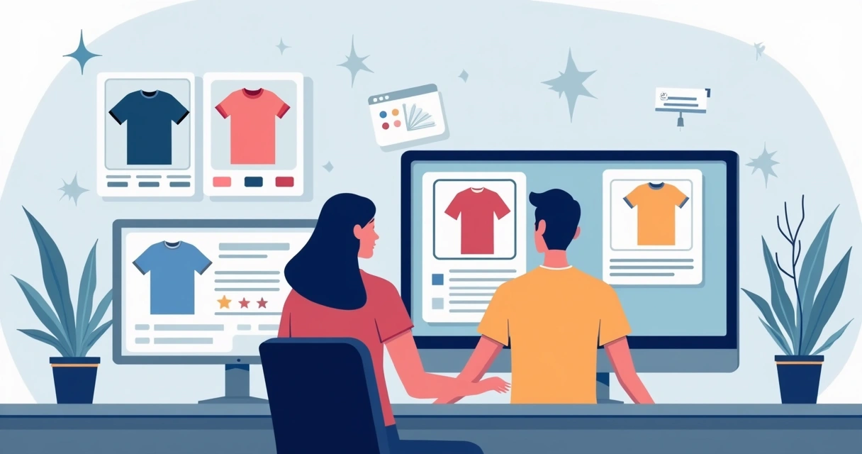 Ilustração corporativa de uma pessoa criando camisetas personalizadas on line no computador, com telas mostrando designs e opções de cores