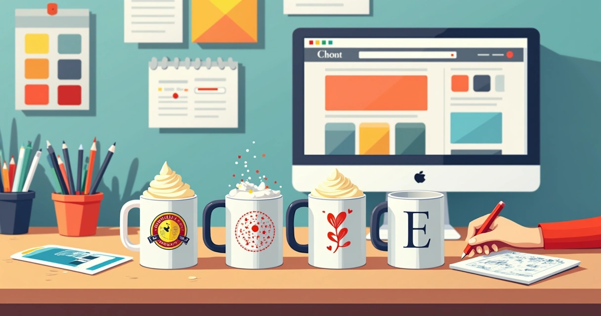 Ilustração corporativa plana de quatro canecas personalizadas sobre mesa com designs variados e elementos de criação como telas de computador, paleta de cores e mãos desenhando