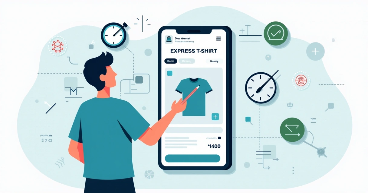 Ilustração corporativa de pessoa fazendo pedido de camiseta personalizada expressa pelo celular com interface digital moderna e cores corporativas