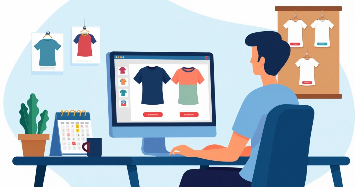 Pessoa utilizando computador para personalizar camisetas online com diferentes modelos e designs na tela