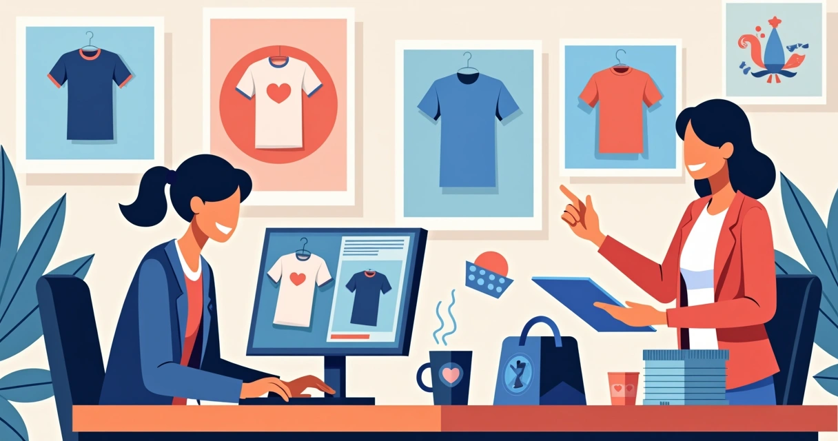 Ilustração corporativa plana mostrando camisetas personalizadas com fotos, canecas, ecobags e bonés em uma mesa de trabalho organizada com computadores e designers atendendo clientes
