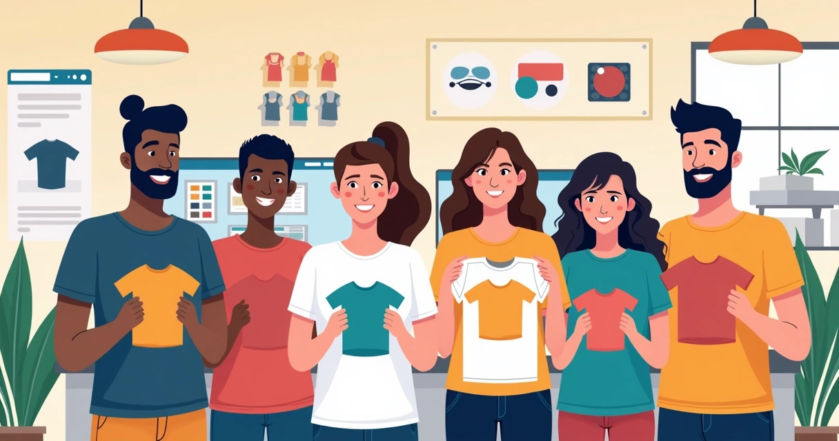 Ilustração corporativa flat de um grupo de jovens segurando camisetas personalizadas com estampas coloridas, em um ambiente moderno com elementos gráficos relacionados a design e personalização