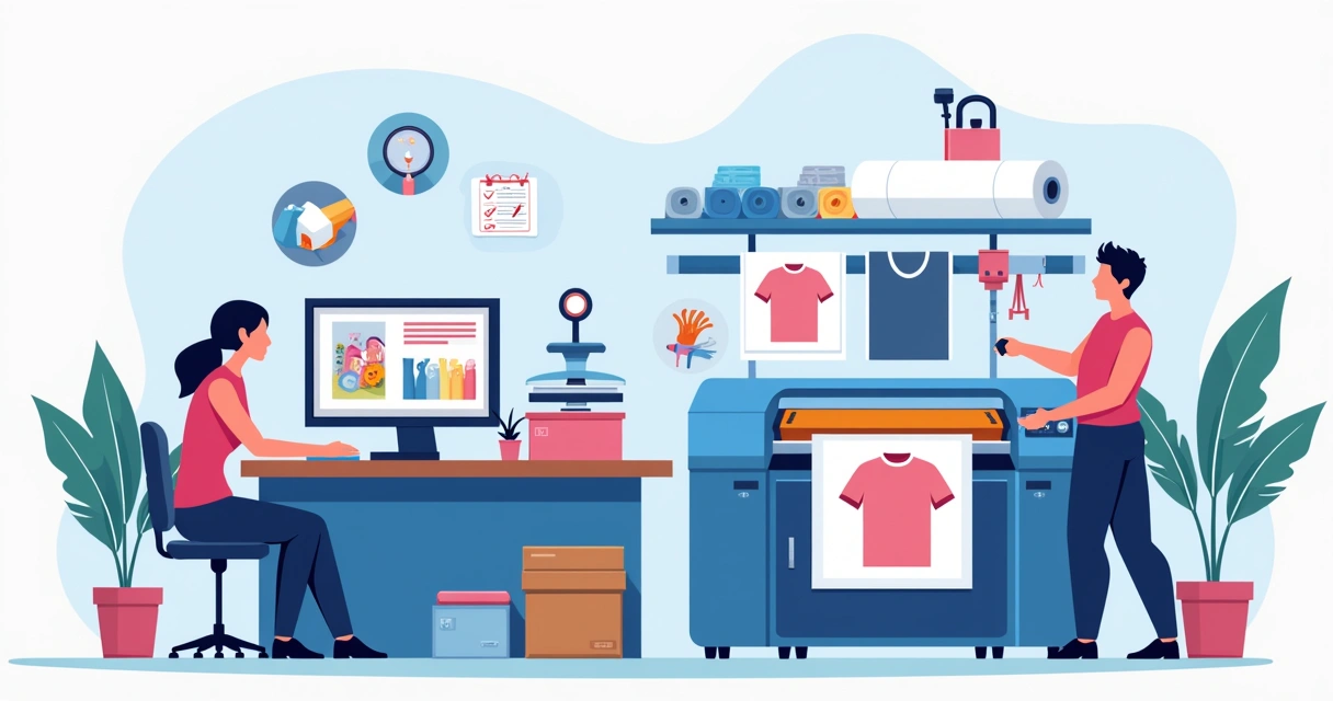Ilustração corporativa plana mostrando o processo de personalização de camisetas com tecidos, estampas e controle de qualidade