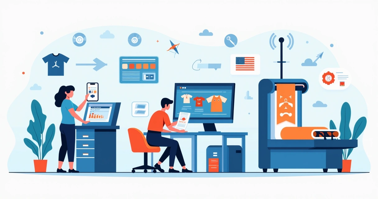 Ilustração corporativa plana do processo de pedido de camiseta personalizada expressa com designer, cliente e etapas destacadas