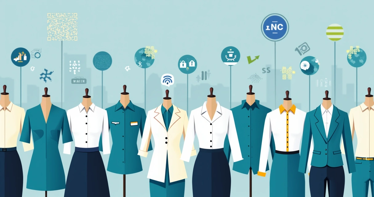 Ilustração corporativa em estilo flat de diversas blusas personalizadas com elementos tecnológicos como QR Code e gráficos de dados ao fundo, representando tendências para empresas em 2026
