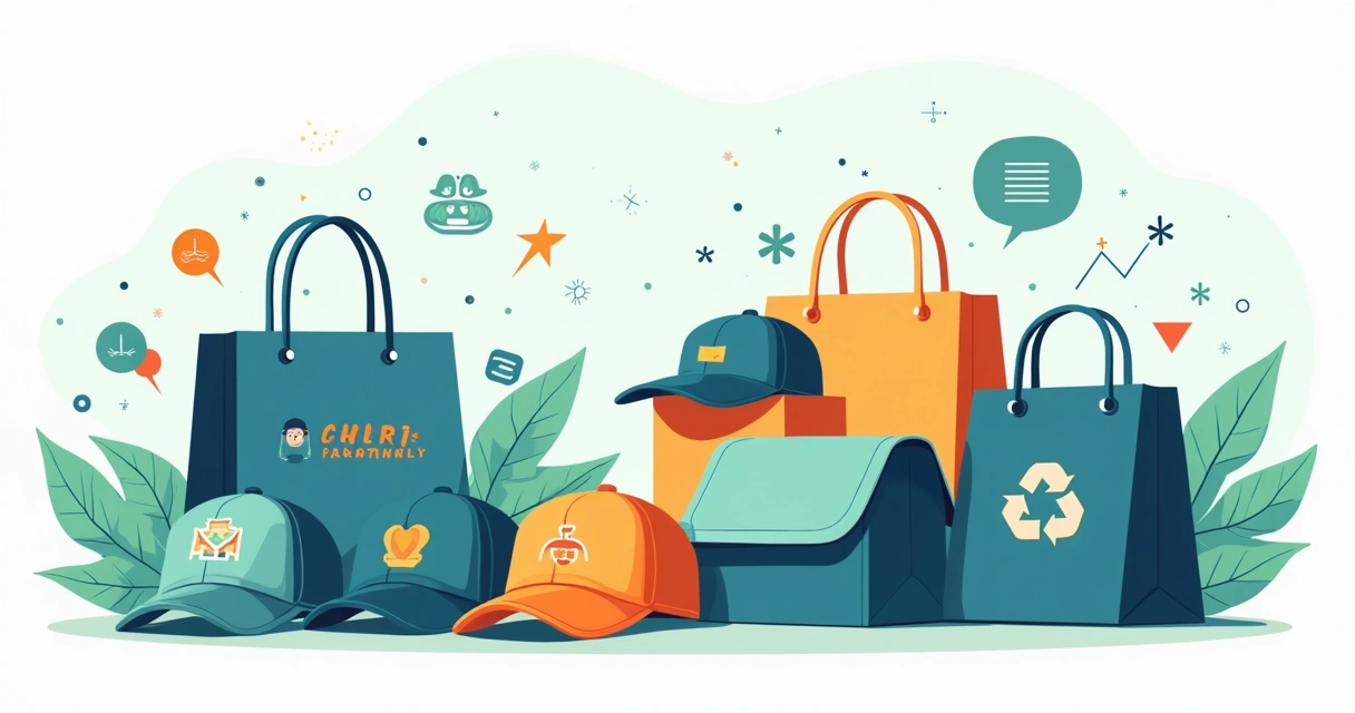 Ilustração corporativa mostrando bonés personalizados e ecobags customizadas em destaque com cores vibrantes e logotipos visíveis