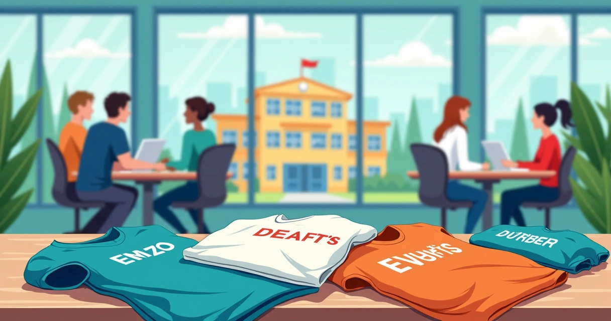 Ilustração corporativa plana mostrando uma variedade de camisetas personalizadas em uma mesa com designs coloridos, ao fundo pessoas trabalhando num escritório moderno e uma escola, simbolizando eventos, empresas e escolas em Curitiba