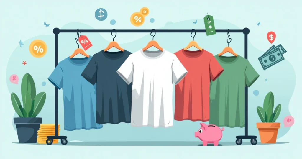 Ilustração corporativa plana de camisetas personalizadas com símbolos de economia, moedas e etiqueta de preço baixo