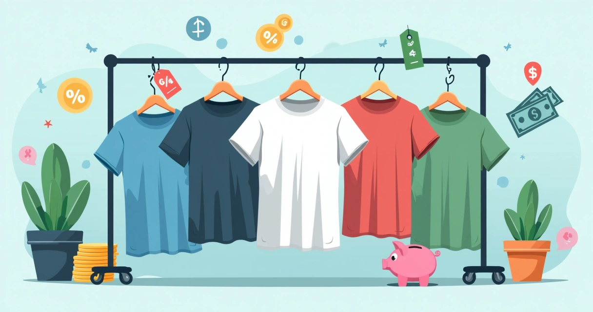 Ilustração corporativa plana de camisetas personalizadas com símbolos de economia, moedas e etiqueta de preço baixo