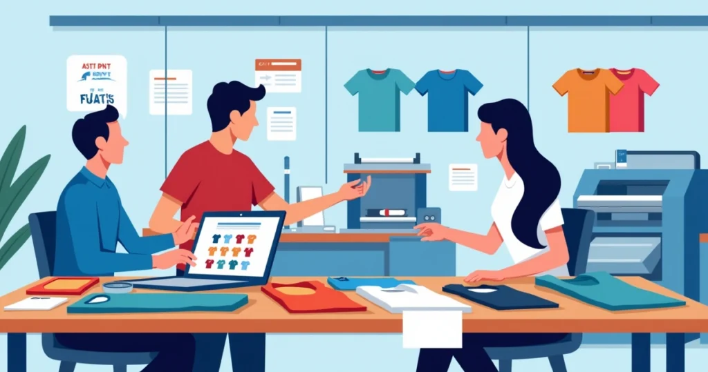 Ilustração plana corporativa de camisetas coloridas personalizadas em mesa de trabalho com designer digital em laptop e cliente explicando arte para produção rápida em Salto SP